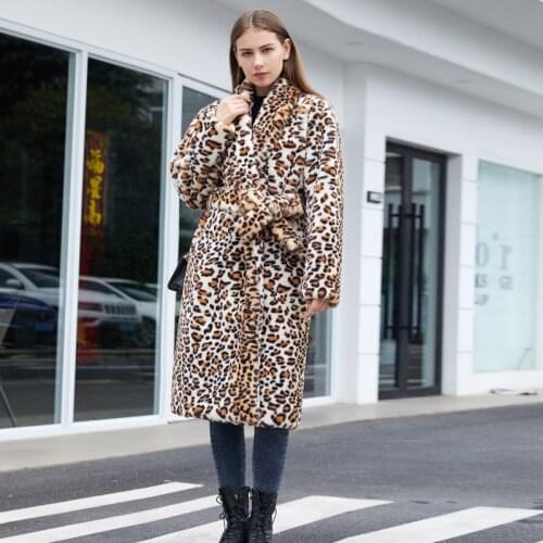 Palenda Women Faux Fur Coat Leopard with Belt Thick Coat Oversized Coat