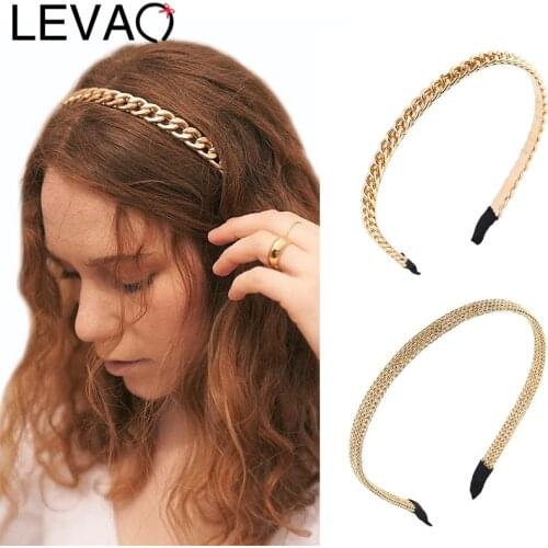 LEVAO New Metal Chain Headband Women Bright Gold Hairband Bezel Turban Female Girls Headwear Ladies Hair Accessories Hair Hoop