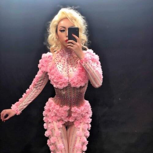 Sexy Pink Flower Rhinestone Bodysuit Jumpsuit Drag Queen Costumes Singer Stage Wear One-piece Costume Stretch Outfits