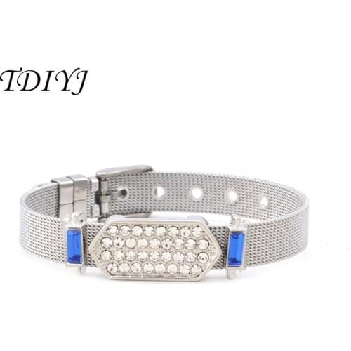 TDIYJ KEEPER Stainless Steel Keeper ing Mesh Bracelet with Crystal Geo Bar Birthstone Keeper Slide Charms 1Set