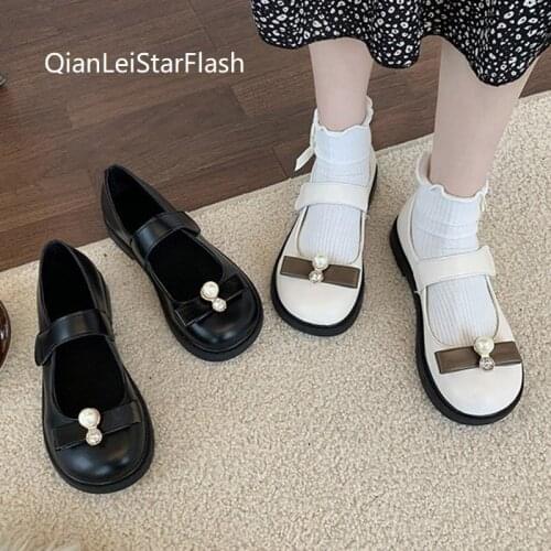 Lolita Shoes Pearl Princess Shoes Rhinestone Woman Flats Black Leather Girls Mary Janes Shoes Spring Autumn zapatos mujer