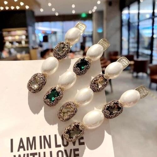 Vintage Green Rhinestone Barrette Hair Clip Hairpins Korean Pearl Hair Bows Jewelry Girls Hair Accessories for Women Headpiece