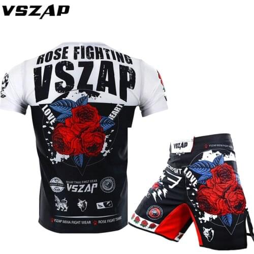 VSZAP Rose Boxe Shorts Men Running MMA Shorts+Shirts Workout Bodybuilding Gym Spandex Sports Jogging Pocket Workout Training