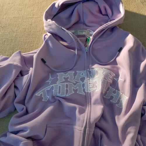 Y2k Zip-up Hoodie 2021 women Hip Hop Streetwear Stars and moon letters Print sweatshirt Harajuku punk grunge E-girl Outwear Top