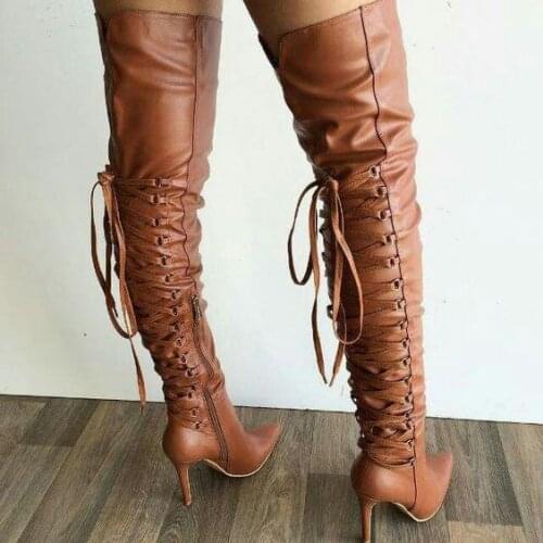 Brown Smooth Leather Women Fashion Over The Knee Boots Sexy Pointy Toe Ladies Lace Up Back Boots 2018 Hot High Heel Boots Size42