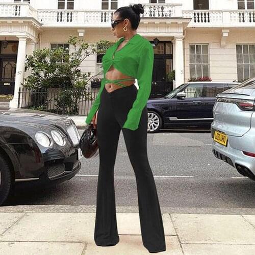 Soild Sexy Fitness Two Piece Set Women Autumn Turn-down Collar Full Sleeve Crop Top+full-length Elastic Waist Flare Tracksuits