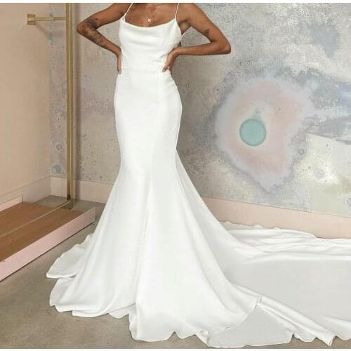 Sexy Long Cowl Neck Satin Spaghetti Wedding Dresses Open Back Sweep Train Vestidos de Novia Abendkleid Bridal Gown for Women