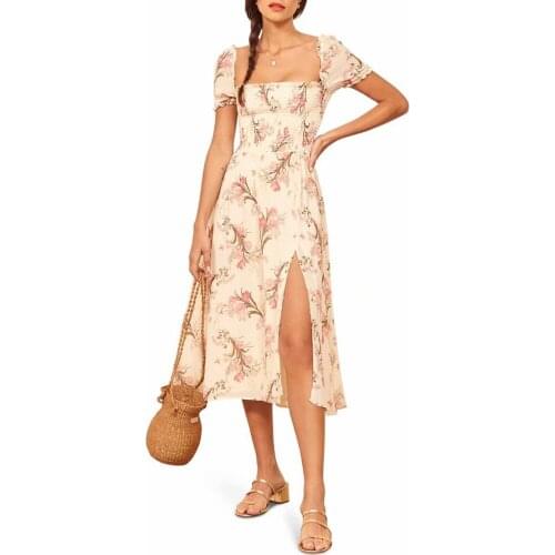 Summer Dresses For Women Short Sleeve Square Neck Frill Trim Elegant Midi Dress Sexy Side Slit Boho Floral Print Beach Dress