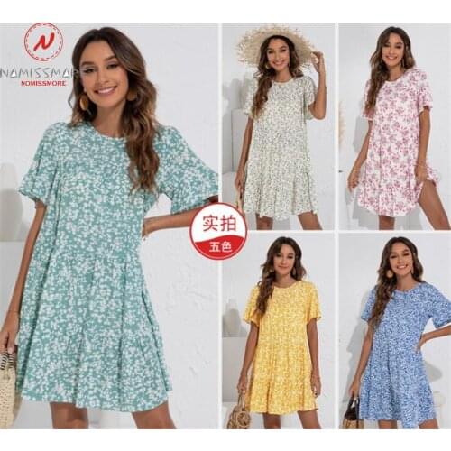 Women Sumemr Print A-Line Dress Hollow Out Design Button Ruffles Decor O-Neck Short Sleeve Casual Loose Pullovers Mini Dress