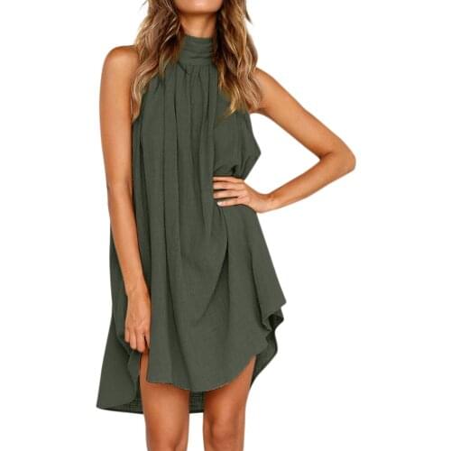 Womens Beach Dress Ladies Holiday Summer Turtleneck Dress Solid Sleeveless Party Dress Halter Sexy Loose Dresses Vestidos Festa