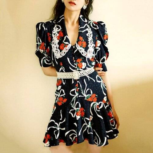 High Fashion Womans Dress Korea High Quality Chiffon Dress Women Embroidery Collar Slim Dresses For Women With Belt SL066