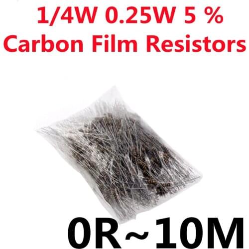 1000PCS 1/4W 0.25W Carbon Film Resistors 5% Ring Power Resistor 0R~10M 10R 47R 100R 220R 360R 470R 1K 2.2K 10K 22K 4K7 100KOhm