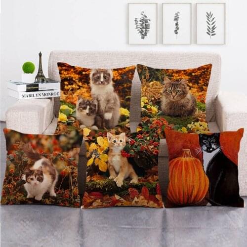 45cm*45cm Happy fall cat and pumpkin design throw cushion cover linen/cotton sofa pillow cover decorative pillow case