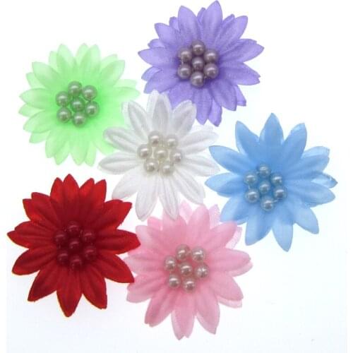 30Pcs Handmad Mixed Fancy 2 Layers Daisy Flower Bead Trim Fabric Flowers Applique For Craft Wedding Sewing accessories 3.2cm