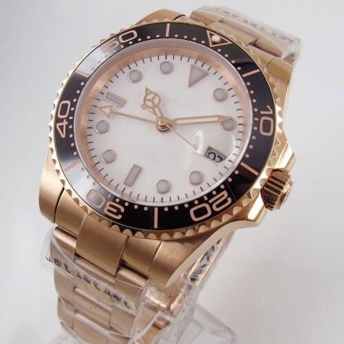 40mm Mechanical Wristwatch Men Sapphire Glass White Date Miyota 8215 Rose Gold Oyster Band Rotating Ceramic Bezel