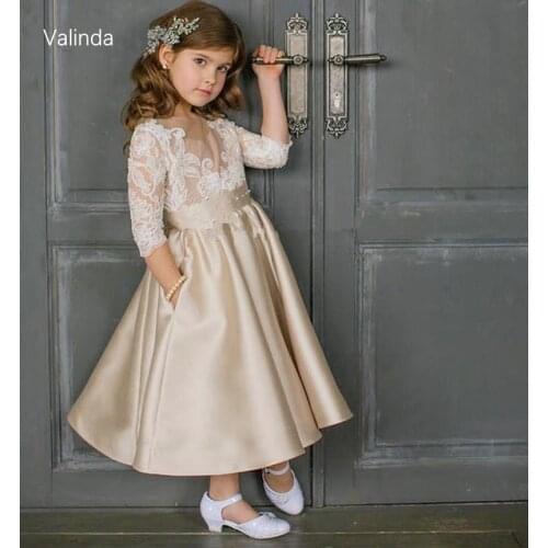 Half Sleeves Satin Flower Girl Dresses with Pockets