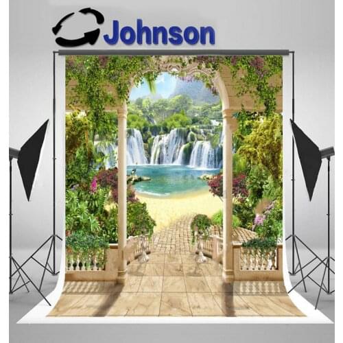 Mural Lovely Terrace Waterfall Sea Flowers Arches background High quality Computer print wedding backdrops