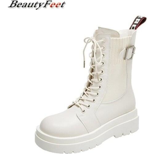 Solid Leather Motorcycle Boots Thick Bottom Square Low Heels Platform Boots Lace up New Autumn Winter Ankle Boots Plus Size