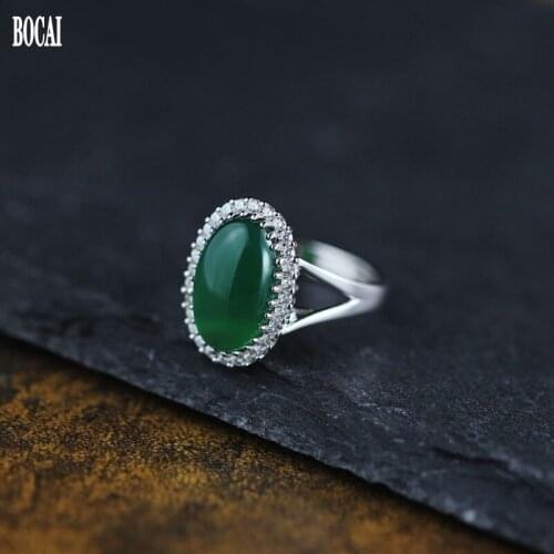 Fashion new Thai silver womens green agate inlay ring engraved curved S925 ring for woman new 925 silver female rings
