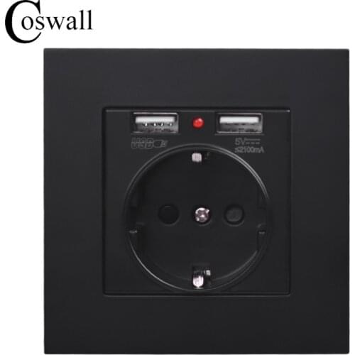 COSWALL Wall Socket Grounded Children Protective Door, EU Russia Spain Outlet With 2.1A Dual USB Charging Black White PC Panel