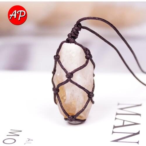 Natural Stone Irregular Citrines Woven net pocket Pendants Crystal Charms For DIY Jewelry Making Necklaces