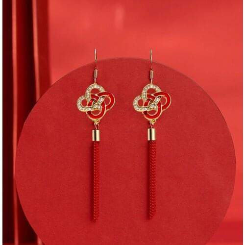 Wholesale Chinese Style New Creative New Year Red Festive Earrings Female Chinese Knot Long Tassel Lucky Peace Knot Earrings