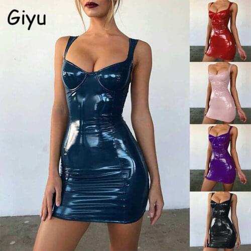 Giyu Night Club Party PU Leather Dress Women Spaghetti Strap Backless Sexy Bodycon Mini Dresses Autumn Summer Vestidos Red