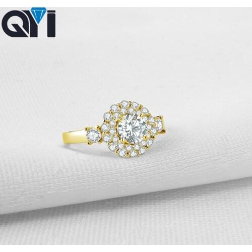 QYI Women Double Halo Engagement Ring Round Cut Sona Simulated Diamond Wedding Jewelry 14K Solid Yellow Gold Rings