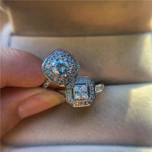 Luxury Female White Crystal Stone Ring Classic Silver Color Engagement Ring Vintage Zircon Square Round Wedding Rings For Women