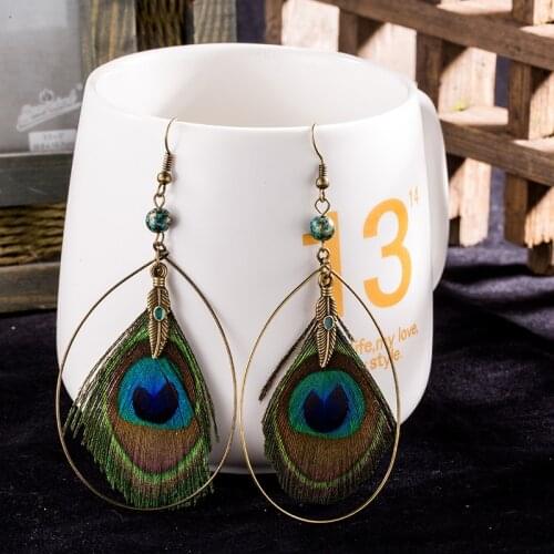 Earrings For Women Natural Genuine Peacock Feather Big Ring Bohemian Ethnic Wedding Party Gorgeous Earring Hanging Drop