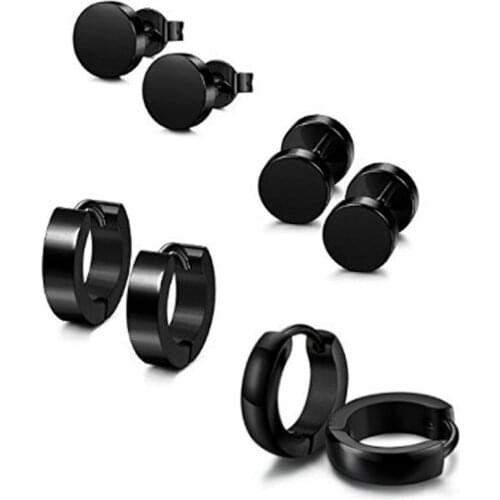 Classic Stainless Steel Piercing Earring Black Color 4 Pairs Different Types Shape For Women Men Punk Barbell Ear Jewelry