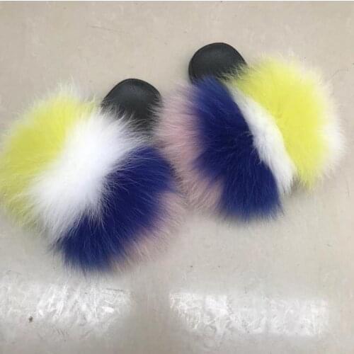 Multi rainbow color fur slides women real fox fur sandals slipper