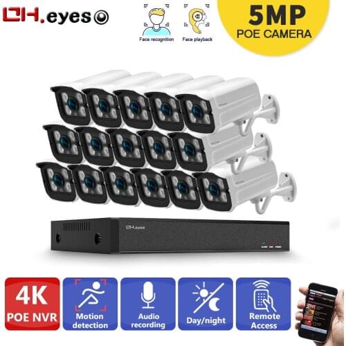 H.265 4K POE CCTV System 16PCS 5.0MP Face Detection Outdoor Weatherproof Security Camera Audio Record Video Surveillance System