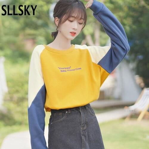 Sllsky Letter Embroidery Knitted Hoodies Sweatshirts Women Casual Gentle Long Sleeve Pullovers Patchwork O-Neck Collar Tops