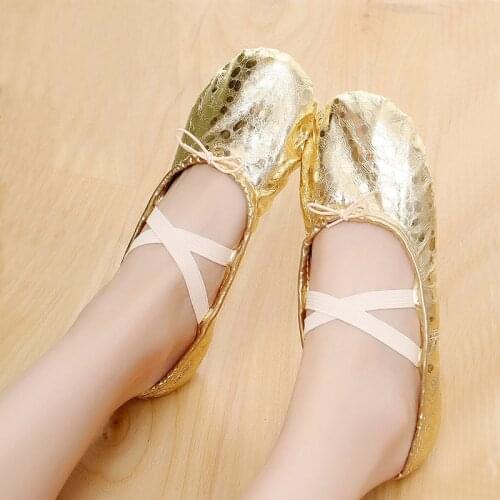 USHINE sequins PU yoga belly dance shoes performance silver golden soft sole gym ballet dance shoes children girls woman