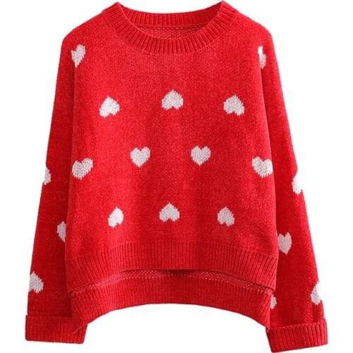 PERHAPS U Women Sweater Knitted Pullovers Long Sleeve White Red Heart Print O Neck Loose Winter M0064