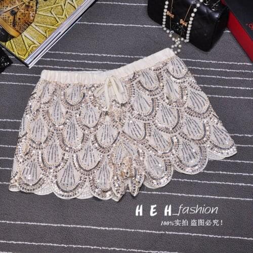Cakucool Women Lurex Sequined Shorts Shiny Short Pants Embellish Beading Waves Bohemian Slim Girls Sexy Short Black Off white