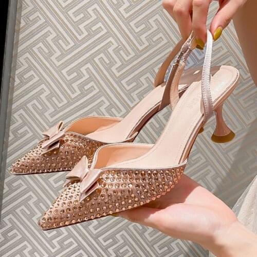 Pointed Rhinestone Bow Sandals Womens 2021 New Shallow Mouth Hollow Wine Cup Heel High Heels
