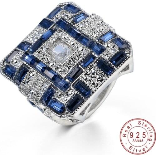 Vintage Style Big Blue White AAA+ Zircon Stone Silver Square Rings For Women Fashion Wedding Engagement Jewelry Hot Sale