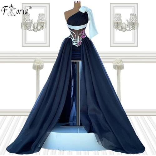 Navy Blue One Shoulder High Low Prom Dresses 2021 Tulle Short Front Long Back A Line Party Gowns Vestidos Formales Robe Femme