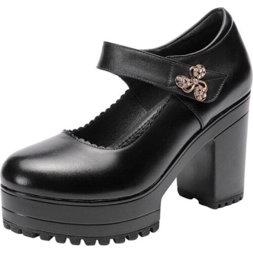 Top Cowhide Spring Shoes Woman High Heels Non-slip Platform Comfort Rhinestone Women Leather Shoes Shoes Size 32-43 Women Pumps