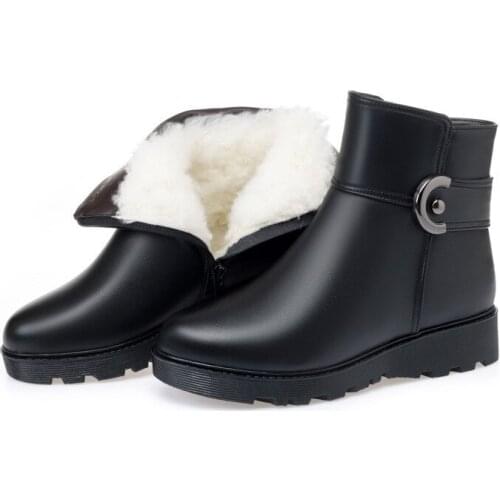 2021 Wool Women Snow Boots Warm Fashion Flat Bottom Genuine Leather Fur Warm Ankle Plush Boots Leisure Women Winter Boots