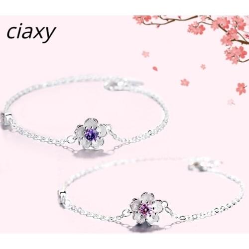 CIAXY 925 Sterling Silver Cherry Blossom Bracelet with Pink Purple Crystal for Women Flower Bracelets Elegant Sweet Jewelry
