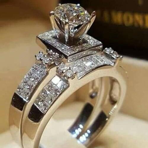 Luxury Crystal Zircon Ring Set White Round Stone Double Rings For Women Wedding Jewelry Vintage Fashion Silver Color Ring Sets