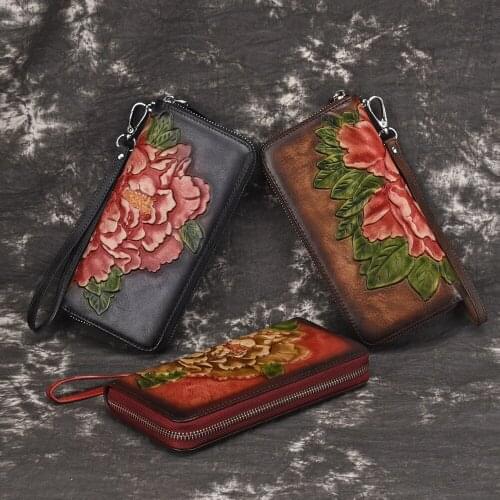 2019 New genuine leather women wallet casual style purse high quality long wallets charming peony flower prints clutch bag