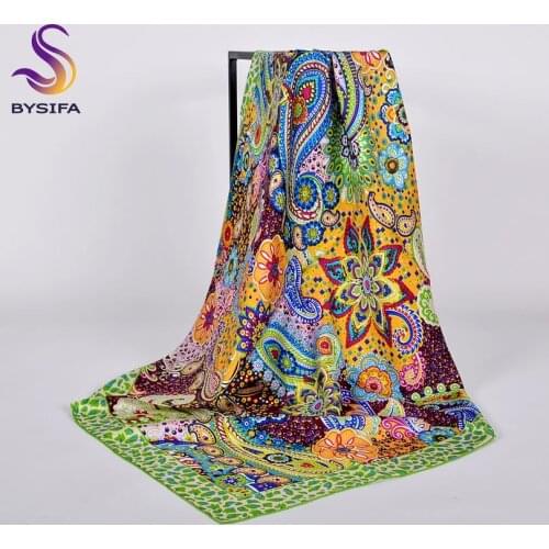 [BYSIFA] Grass Green Silk Scarf Women Luxury Brand 100% Pure Silk Square Scarves Wraps Foulard Femme Winter Paisley Neck Scarf