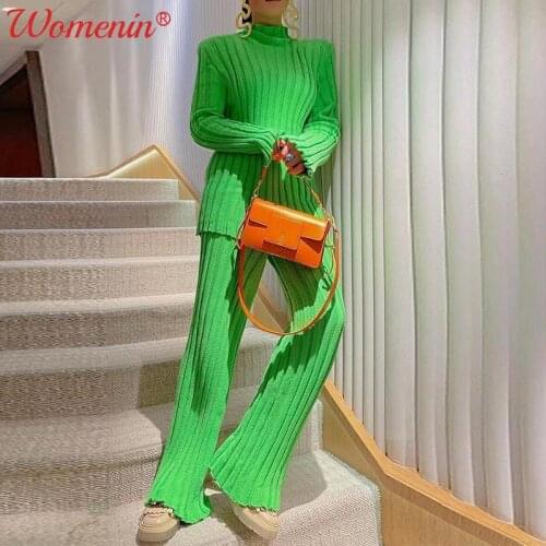 Knit Shoulder Pad Women Turtleneck Sweater Set 2021 Autumn Ribbed Long Sleeve Wide Leg Pant Sets Ladies Fashion Street Clothes