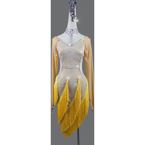 Womens Dance Dress Latin Rumba Cha-cha Ballroom Dress Ladies Tassel diamond Latin Dance Dress Competition Dance Dresses