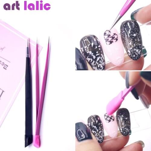 1pc 2 heads Straight Nail Tweezers with Silicone Pressing Head for 3D Sticker Rhinestones Water Sticker Picker Metal Nails Tools