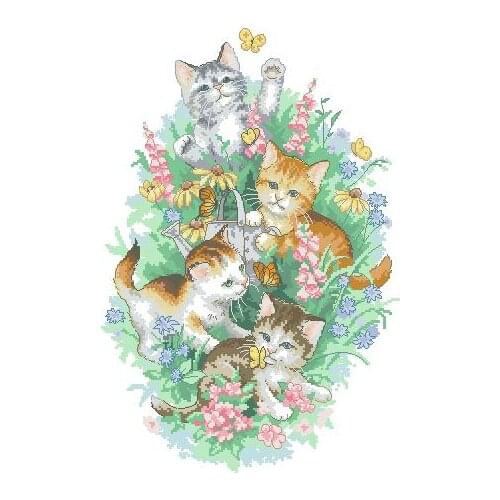 100% egypt COTTON Beautiful Lovely Counted Cross Stitch Kit Playful Kitties Kitty Kittens Cats Cat and Flower Flowers dim 35066